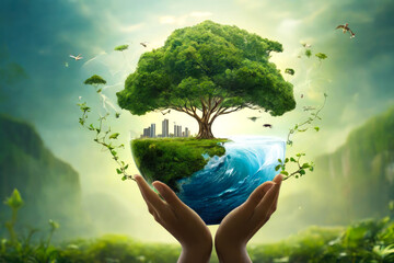 The image is a surreal and artistic representation of a small, green planet being held in two hands.