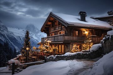 beautiful mountain chalet in the alps on a snowy evening, in the style of large-scale


