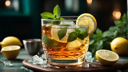 A fresh cup of iced tea with ice and lemon, healthy drink for weight loss.