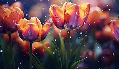 tulips with rain drops - obrazy, fototapety, plakaty