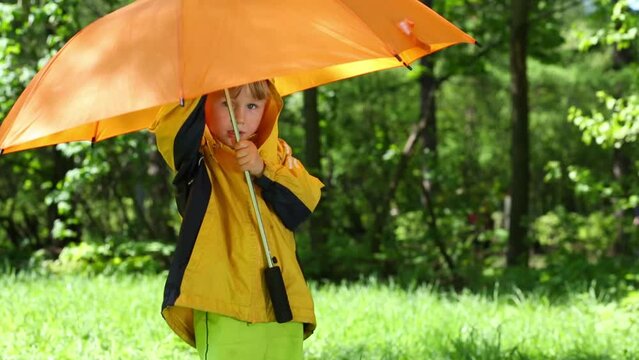 Smiling boy with orange umbrella stands on lawn in summer park