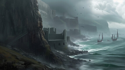 Mystical Fortress by the Stormy Shore
