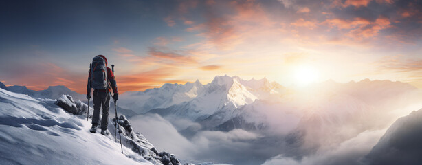 an individual in the snow in winter time, in the style of photo-realistic landscapes, hikecore
