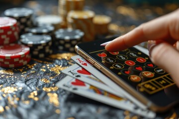 An artistic backdrop for online casinos featuring a smartphone with playing cards, roulette, and chips against a black-gold background