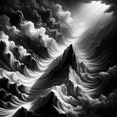 Dramatic monochromatic landscape with dynamic cloud formations and streaming sunlight.