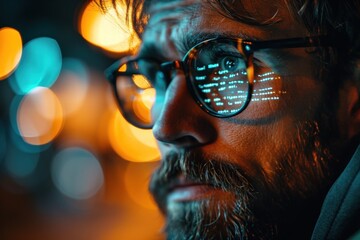 Close-up cinematic portrait of a man with a reflection of computer code in his glasses - obrazy, fototapety, plakaty