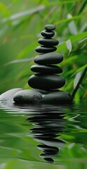 Stacked spa stones with water reflection and green background.