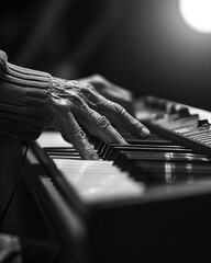 Hands playing piano keys in black and white.