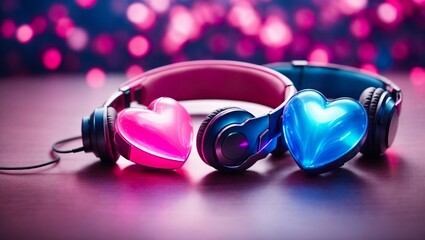 Digital heart with headphones. Background with glowing neon lights ai generated