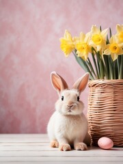 Easter bunny banner. An empty table, natural bokeh. Pink pastel background and daffodils flowers, colorful eggs. Spring holiday. A place for the text. A postcard with a rabbit. 