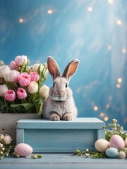 Easter bunny banner. An empty table, natural bokeh. Blue pastel background and pink white flowers, colorful eggs. Spring holiday. A place for the text. A postcard with a rabbit.