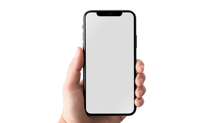 Modern Smartphone with White Display Held by Human Hands on White Background. High-Tech Communication Device for Digital Connectivity and Multitasking