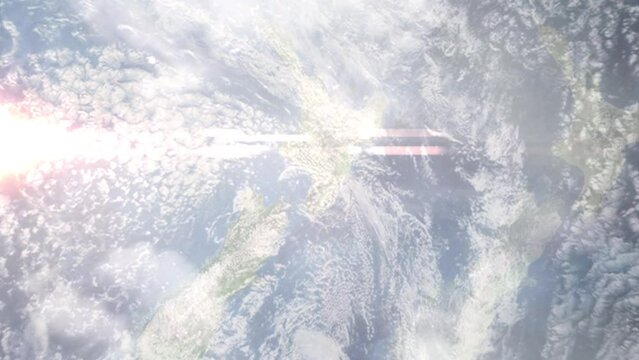 Zoom in from space and focus on Palmerston North, New Zealand. 3D Animation. Background for travel intro. Elements of this image furnished by NASA.