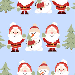 Obraz na płótnie Canvas Snowman and Santa Claus in Christmas seamless pattern
