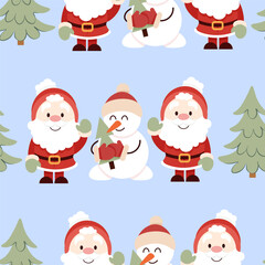 Snowman and Santa Claus in Christmas seamless pattern