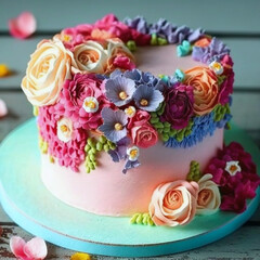 Luxury cake, very unusually decorated. Beautiful background. For weddings and large events. Culinary art. On a beautiful table.