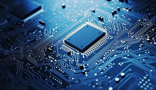 A close-up image of a computer chip on a circuit board
