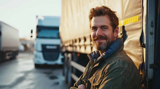 Truck driver smiling and standing in front of his truck. Created with Generative Ai technology.