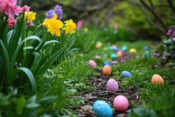 Fototapeta na wymiar A colorful Easter egg hunt in a garden filled with blooming flowers