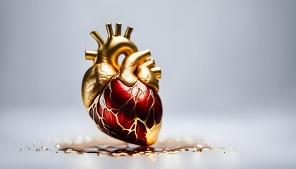 Human health care - golden heart. 3d Illustration of human heart with golden artery and details. Golden heart - pure heart concept. Creative idea - generative ai