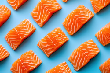 top view of sliced raw salmon fillets on blue background - obrazy, fototapety, plakaty