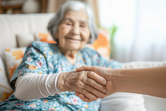 Support For The Elderly Concept, Happy Old Woman Holds Hand Of Her Doctor In Hospice, Palliative Care