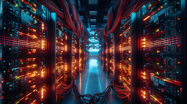 mystical data center with servers and thick cable harnesses, generative ai