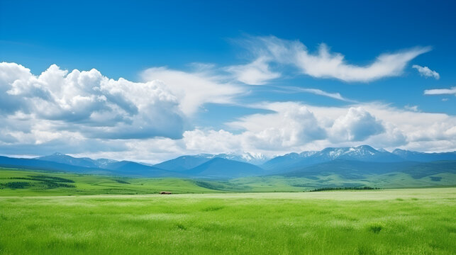 Panoramic view of a lush green field with distant mountains and clouds kissing their peaks under a serene blue sky. Breathtaking landscape of nature's beauty and tranquility.