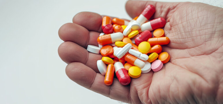 close-up hands full of  pill capsules	
