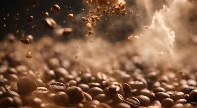 a coffee seed explosion into the camera in a dynamic and visually striking moment, to emphasize the unique transition of one coffee seed, creating a captivating visual narrative.
