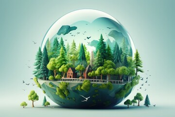 World environment and earth day concept with globe map, Green planet glass globe world In green forest