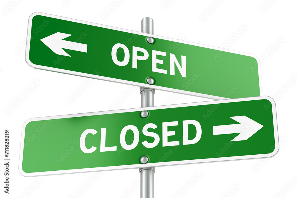 Poster open or closed directions. opposite traffic sign, 3d rendering isolated on transparent background