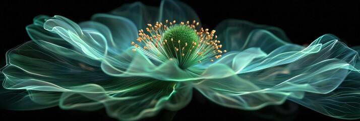 green abstract flower illuminated by soft green light against a black background