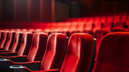 Row of empty red velvet chairs in a movie theater. Cinema entertainment industry film making concept