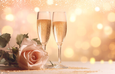 Two flute glasses with sparkling champagne pink roses on golden background with golden bokeh lights confetti glitter. Valentine's day celebration concept