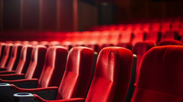 Row of empty red velvet chairs in a movie theater. Cinema entertainment industry film making concept