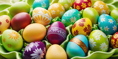 Fototapeta na wymiar Colorful Easter Eggs with detailed painted patterns, on green silk cloth