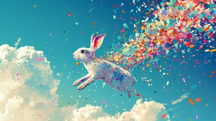 A hare soaring through the sky with a balloon-powered backpack, leaving a trail of confetti. Dynamic composition and a bold use of comic book-style halftones.  - obrazy, fototapety, plakaty