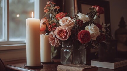 Obraz premium Generative AI, Valentine's Day home interior decoration close up, muted colors, holiday photorealistic aesthetic background