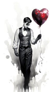 A man in a suit and tie, holding a heart-shaped balloon. The man is dressed in black and white. The background is a white splatter effect. Concept: Valentine's Day.
