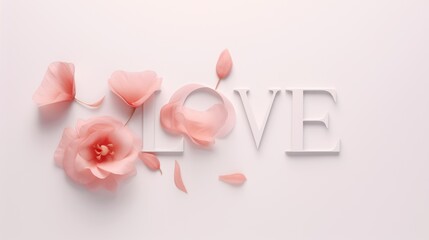 The word "love" is spelled out in white letters and decorated with pink flowers. Concept: Valentine's Day.