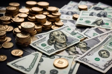 Fototapeta premium Golden coins and banknotes on a dark background. Close-up.