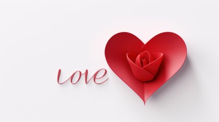A red paper heart with a rose inside it and the word "love" in red cursive letters next to it. Concept: Valentine's Day.