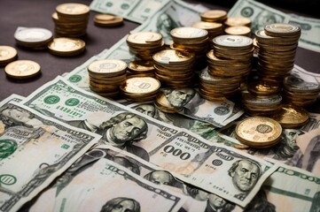 Fototapeta premium Golden coins and banknotes on a dark background. Close-up.