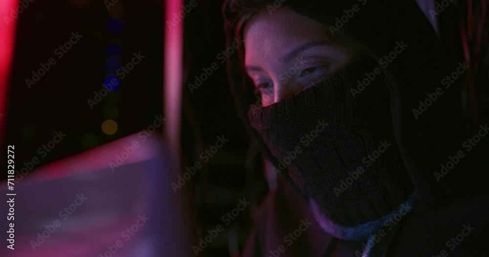 Leinwandbilder Cyber attack, hacker and woman with online security, crime and virus installation in server room. Face mask, hacking and crypto coding with criminal, phishing and fraud hardware with information tech