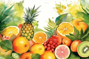 Naklejka na ściany i meble Summer background with tropical fruits watercolor illustration. Generative AI