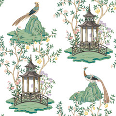 Vintage botanical garden tree, Chinese birds, pavilion floral seamless pattern. Exotic chinoiserie wallpaper. - 711829450