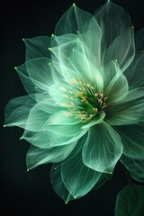 green abstract flower illuminated by soft green light against a black background