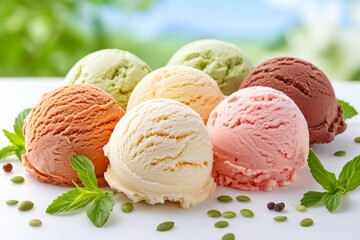 Scoops of vibrant ice cream flavors melting, a colorful and tempting display as delicious ice cream slowly transforms into a sweet masterpiece.