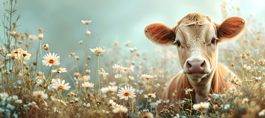 banner of little cow on the spring flower background  - obrazy, fototapety, plakaty